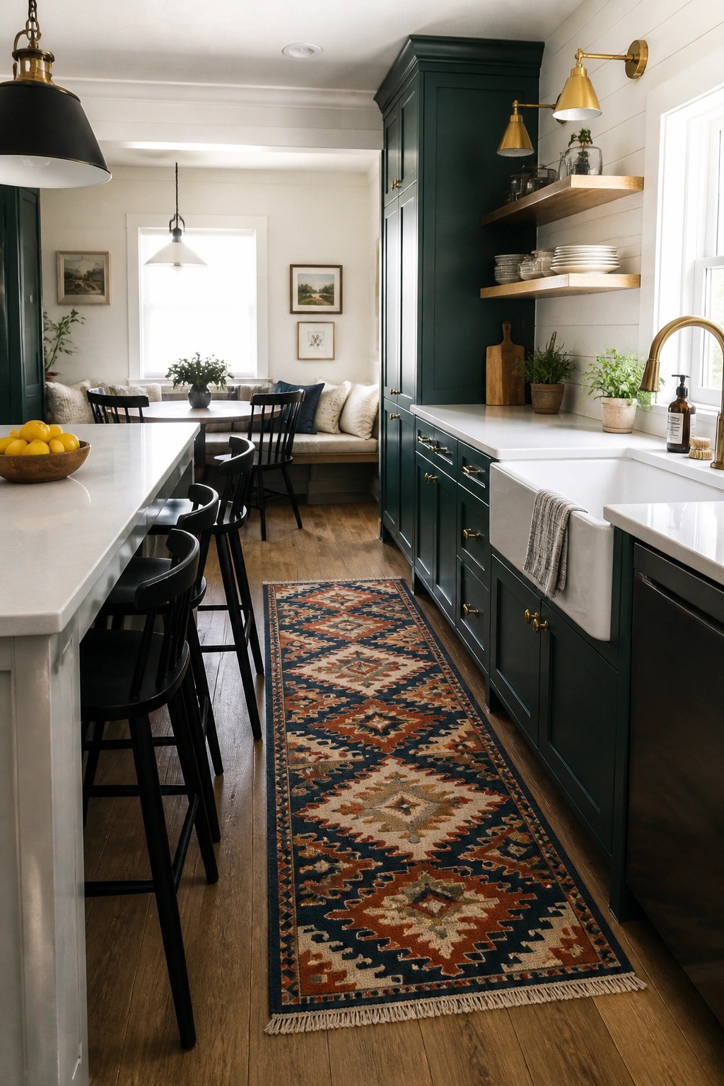 A kitchen interior with dark green cabinets, white countertops, a farmhouse sink, open wood shelves, and a long patterned runner on the floor.