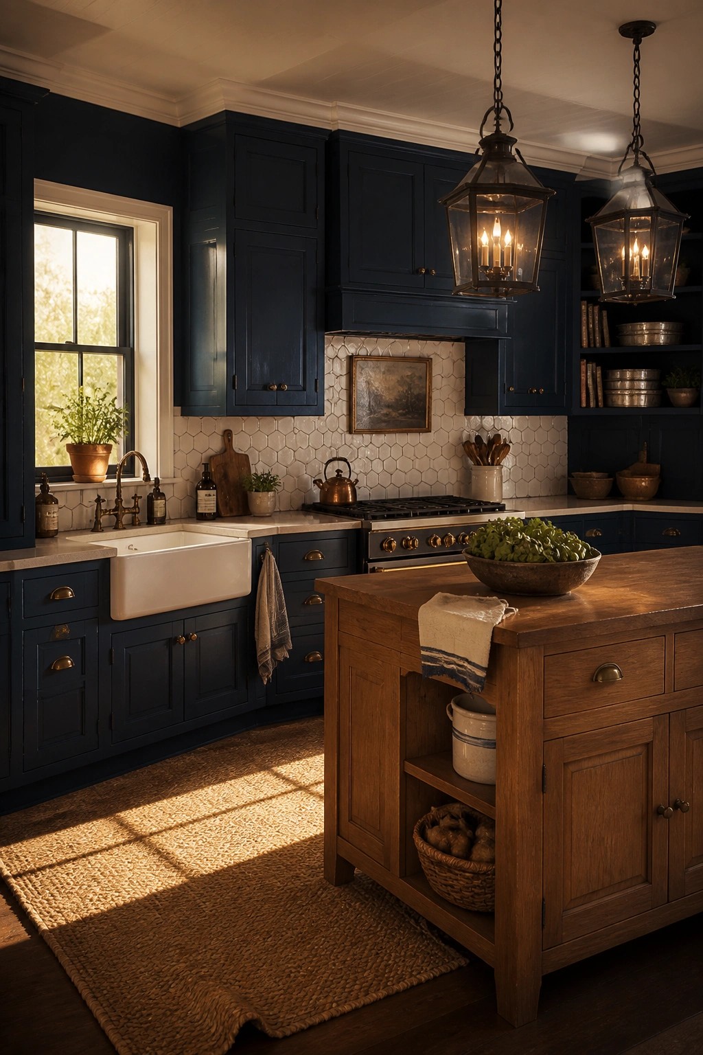 Navy blue kitchen with wooden island, white sink, lantern pendants, and sunlit rug
