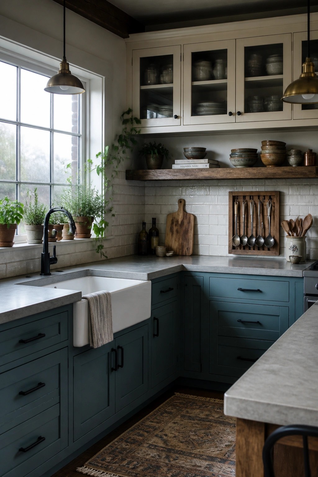A farmhouse kitchen with deep teal lower cabinets, off-white upper cabinets with glass doors, a white farmhouse sink, and a wooden floating shelf above the counter.