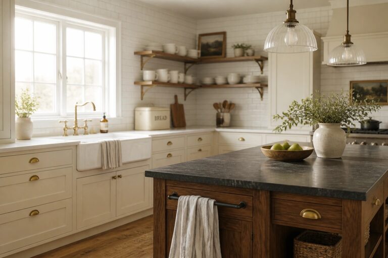 A kitchen interior with white shaker cabinets, a dark wood island topped with black, open wooden shelves on a subway tile wall, and a white farmhouse sink under a window.
