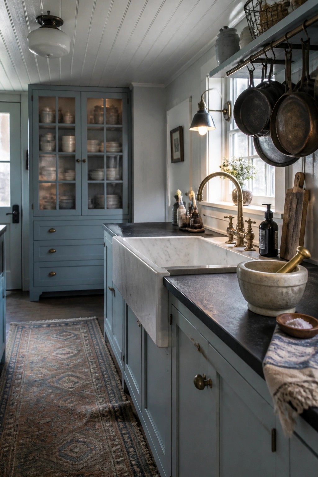 A kitchen with blue gray cabinets, a white farmhouse sink, dark countertops, and hanging pans near a window.