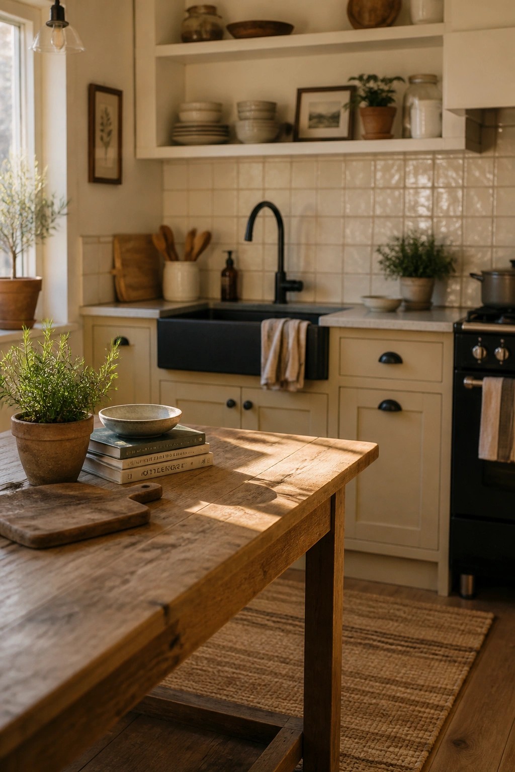 A farmhouse kitchen with cream painted cabinets, a black sink, open shelving, and a wooden table in the foreground.