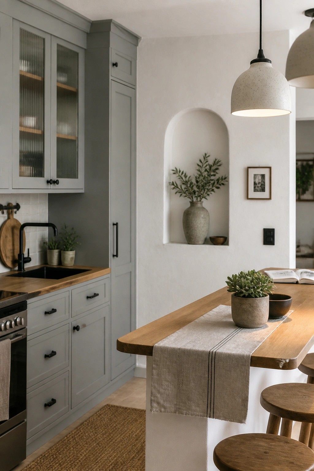 A kitchen with soft gray painted cabinets, wood countertops, a wooden island with stools, and a recessed wall niche holding a vase.