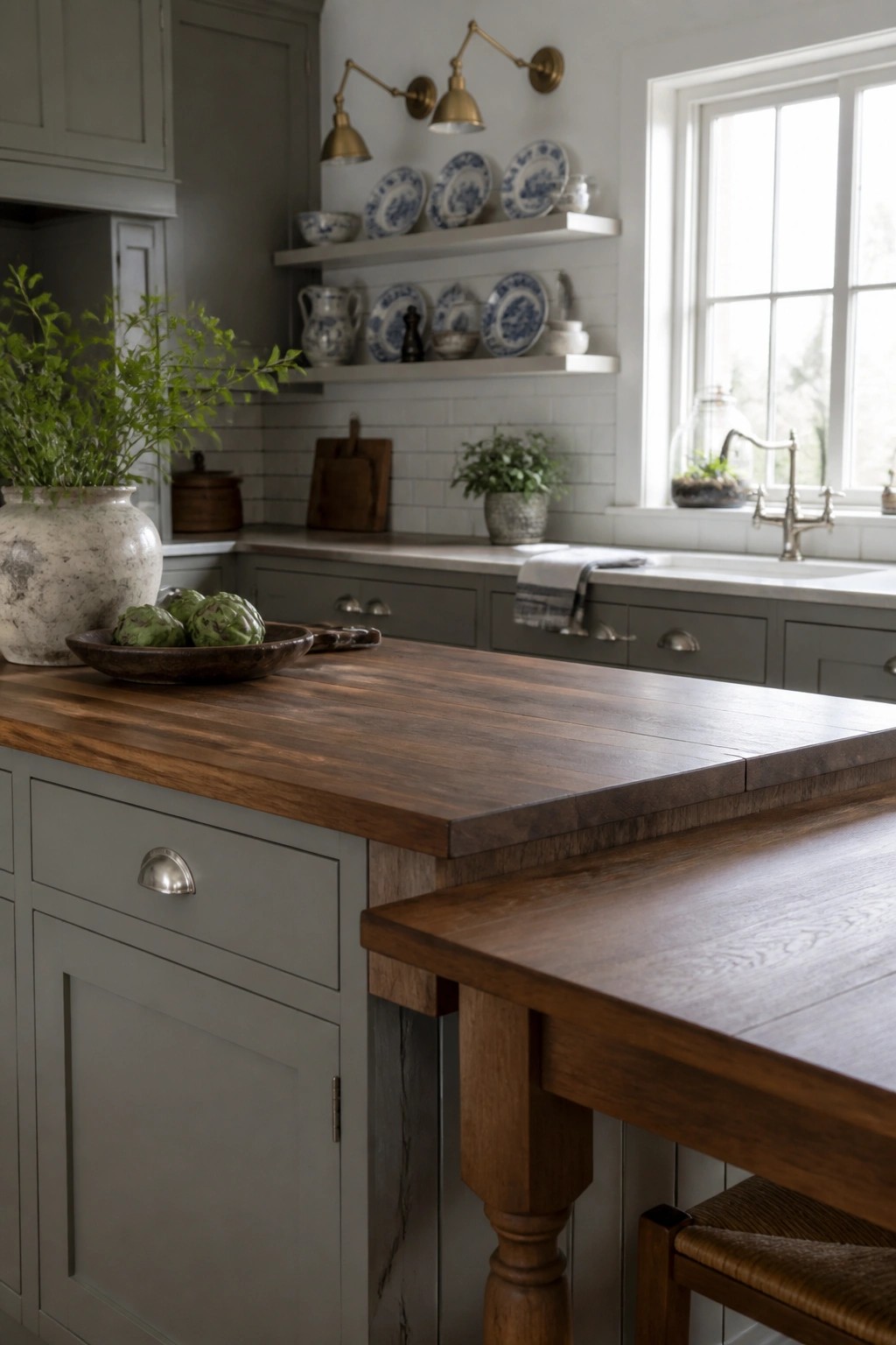 Gray kitchen with wooden island, blue china shelves, brass sconces, and fresh plants.