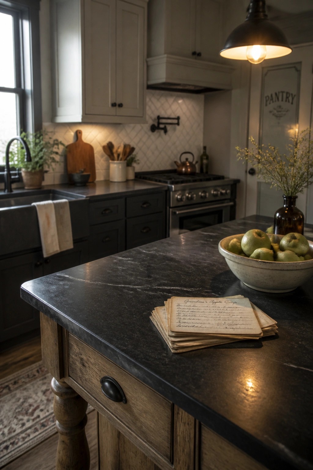 A kitchen with light gray upper cabinets, dark lower cabinets, a black countertop island holding a bowl of green apples and handwritten recipe cards, and a farmhouse sink area in the background.