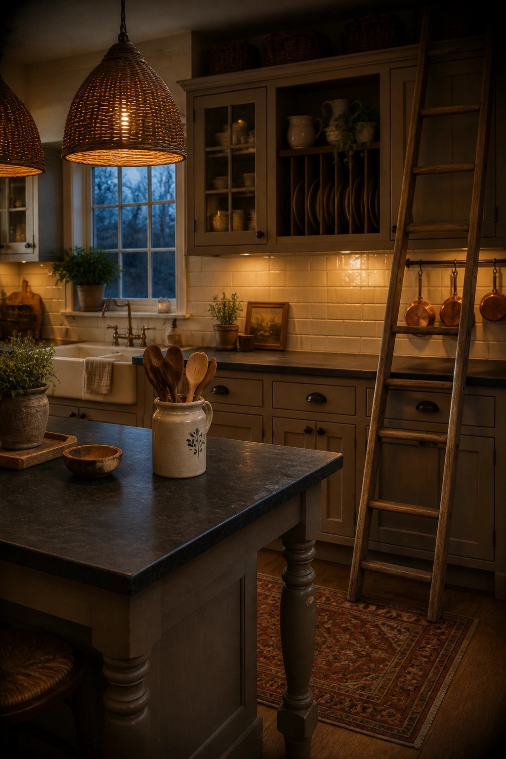 A farmhouse kitchen featuring muted gray green cabinets, a dark stone island, woven pendant lights, and a wooden ladder leaning against the cabinetry.