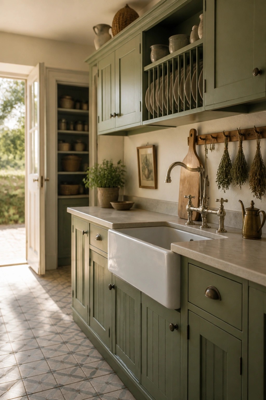 A kitchen interior featuring sage green painted cabinets, a white farmhouse sink, brass faucet, and open upper shelving with stacked plates.