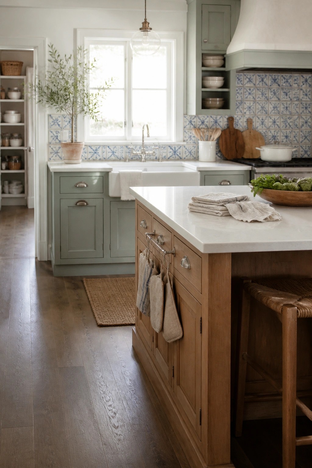 Sage green kitchen with marble island, blue tile backsplash, and wooden stool.