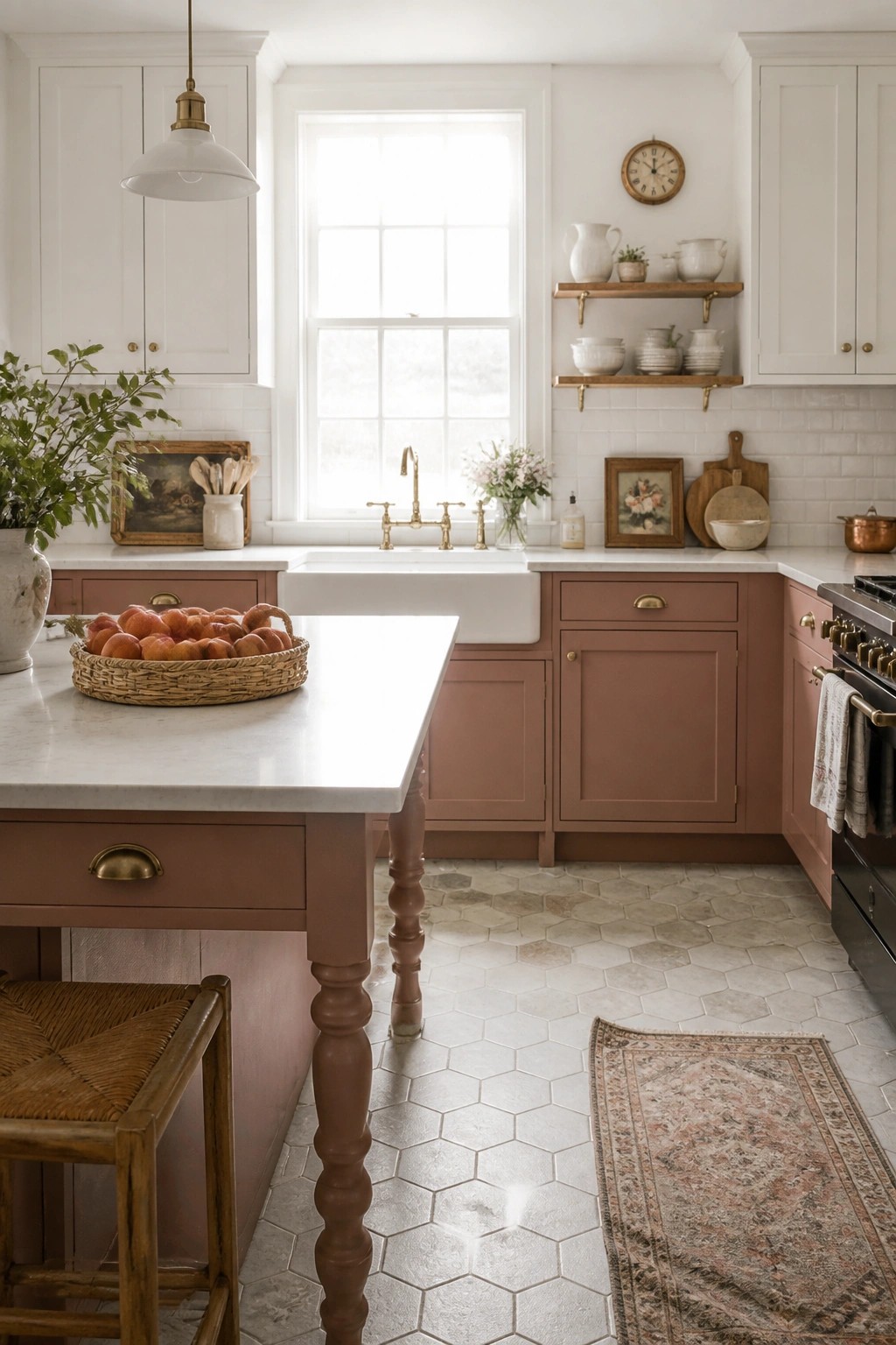 A bright kitchen interior with white upper cabinets, dusty rose lower cabinets and island, a white farmhouse sink under a large window, and open wooden shelves on the back wall.