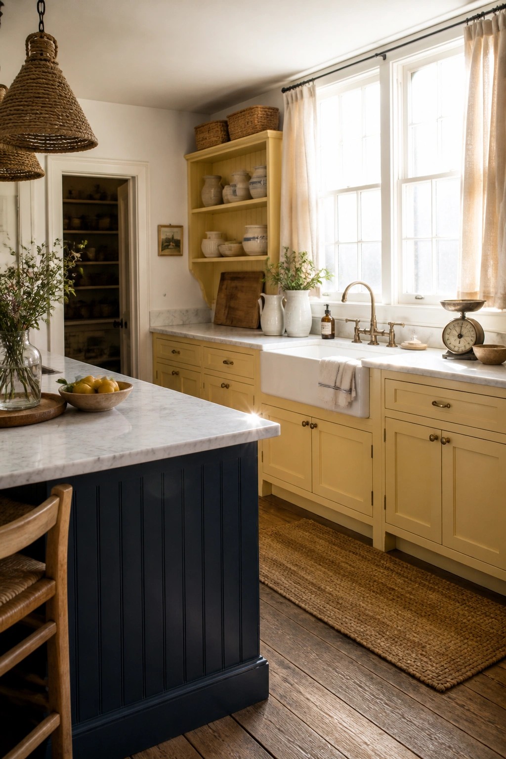 A farmhouse kitchen featuring soft yellow cabinets, a navy blue island with marble countertop, white farmhouse sink, and large windows with sheer curtains.