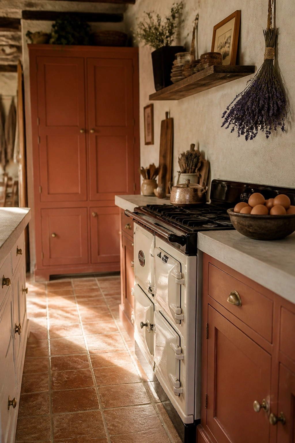 A farmhouse kitchen with terracotta painted cabinets, a cream range cooker, terracotta floor tiles, and a bowl of eggs on the countertop.