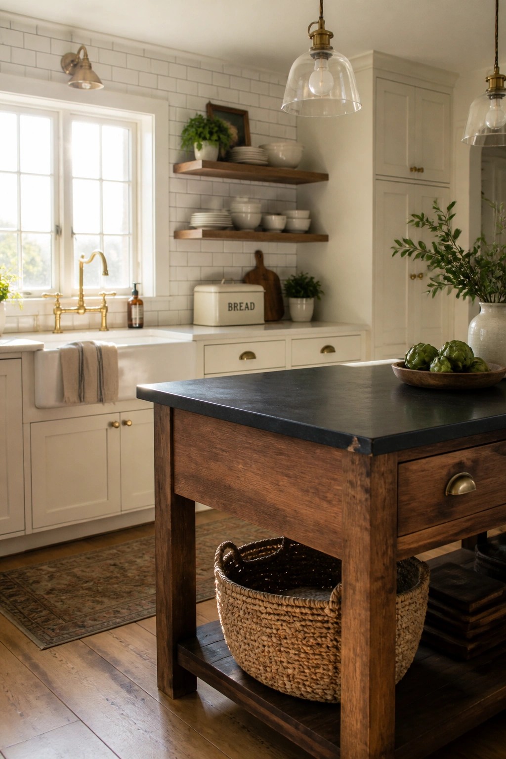 A kitchen interior with white shaker cabinets, a dark wood island topped with black, open wooden shelves on a subway tile wall, and a white farmhouse sink under a window.