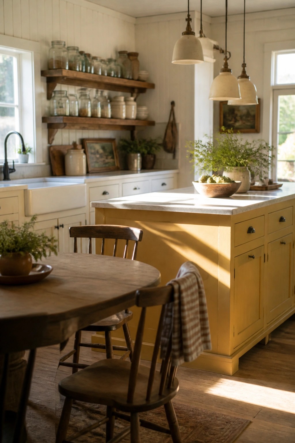 A farmhouse kitchen with a yellow painted island, white cabinets, a wooden table and chairs, open shelving with glass jars, and pendant lights above the island.
