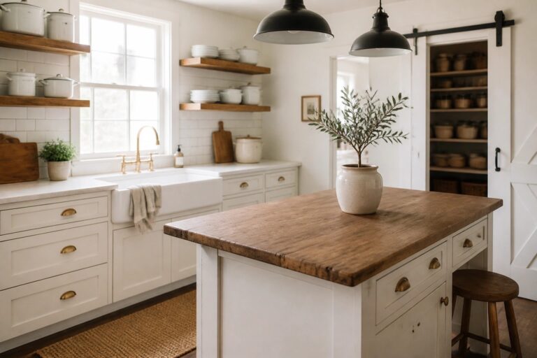 A bright farmhouse kitchen with white cabinets, white subway tile backsplash, brass faucet, and a large farmhouse sink under a window.