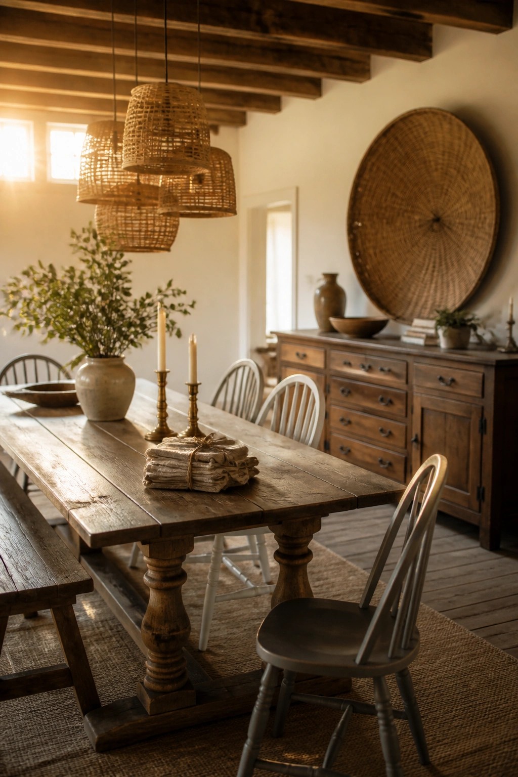 A farmhouse dining room with a long wooden table, woven pendant lights, mixed wooden chairs, and a large woven wall basket on a light-colored wall.