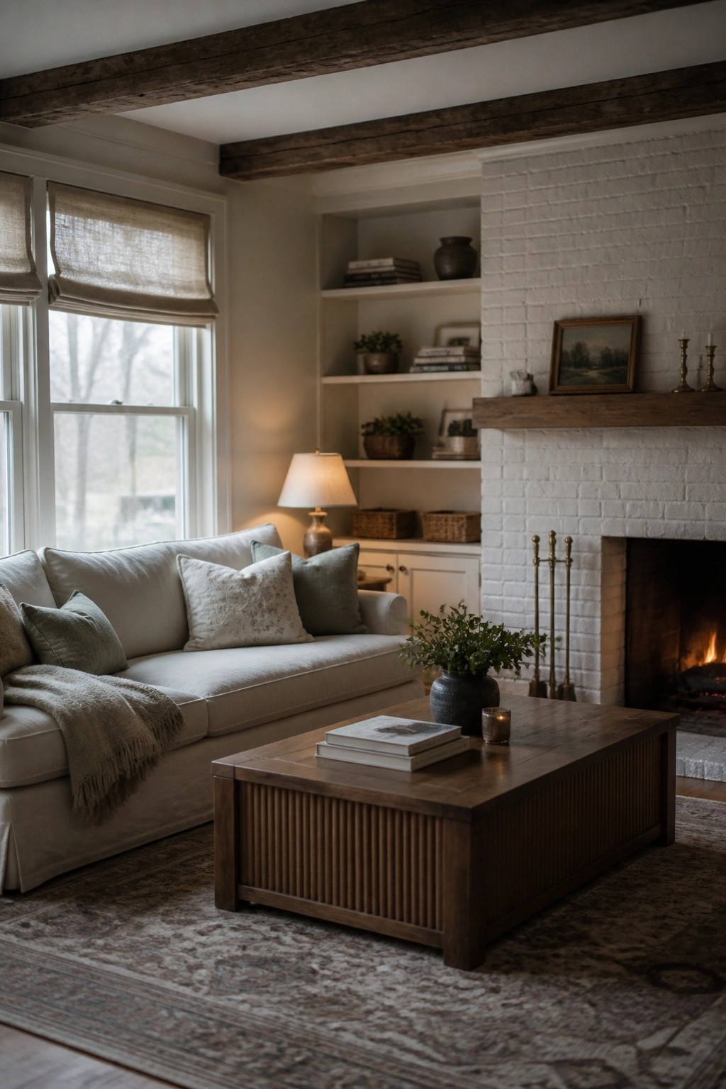 A living room featuring a white brick fireplace with a wooden mantel, built-in shelves, a light-colored sofa, and a wooden coffee table on a patterned rug.
