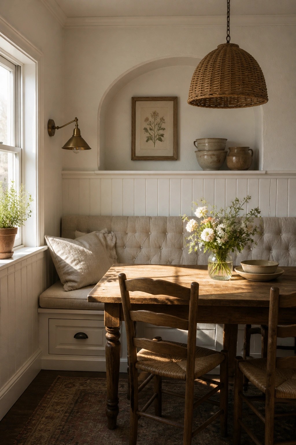 A farmhouse dining nook with a wooden table, woven chairs, built-in upholstered bench, white wainscoting, and an arched niche holding pottery and a framed print.