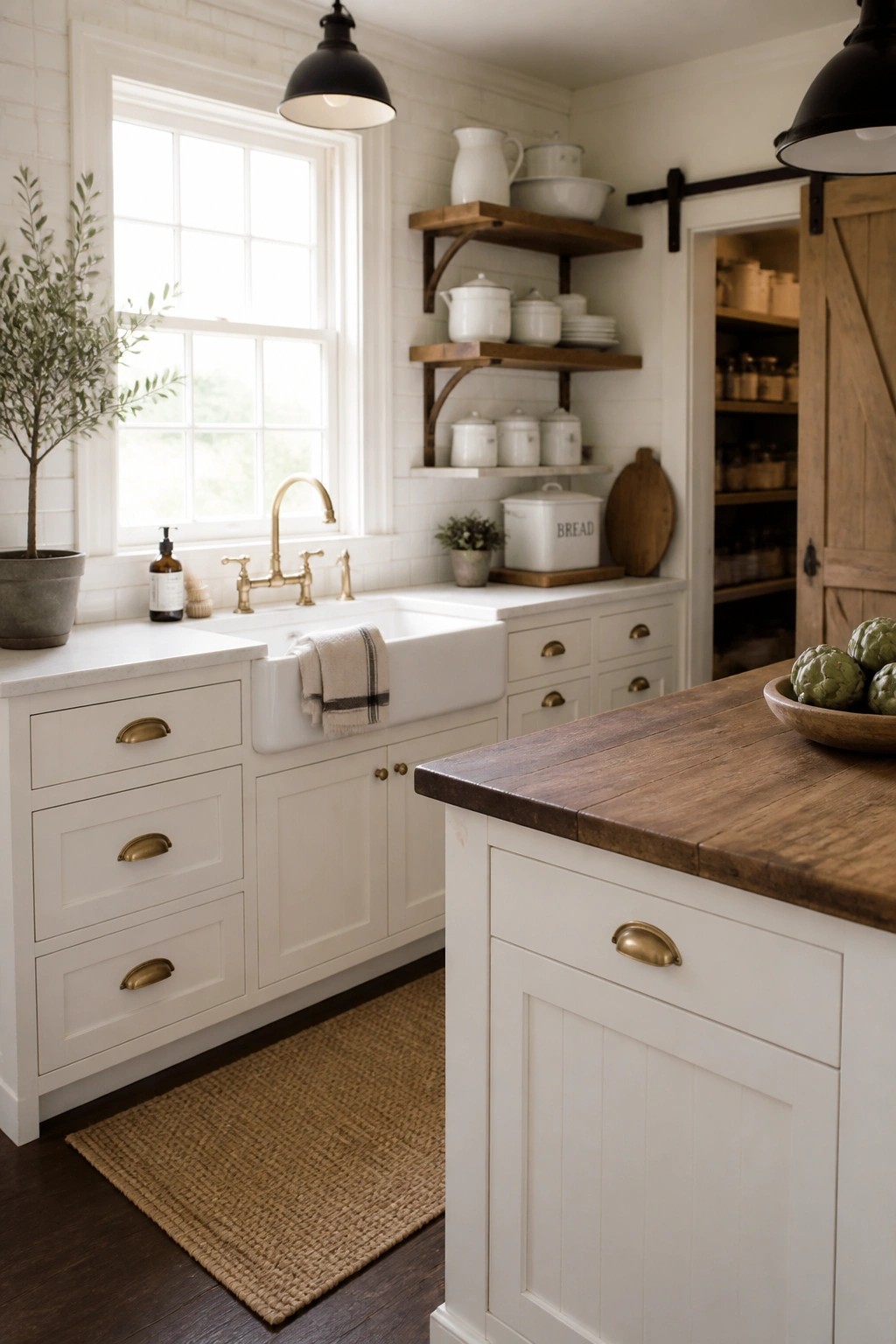 A bright farmhouse kitchen with white cabinets, white subway tile backsplash, brass faucet, and a large farmhouse sink under a window.
