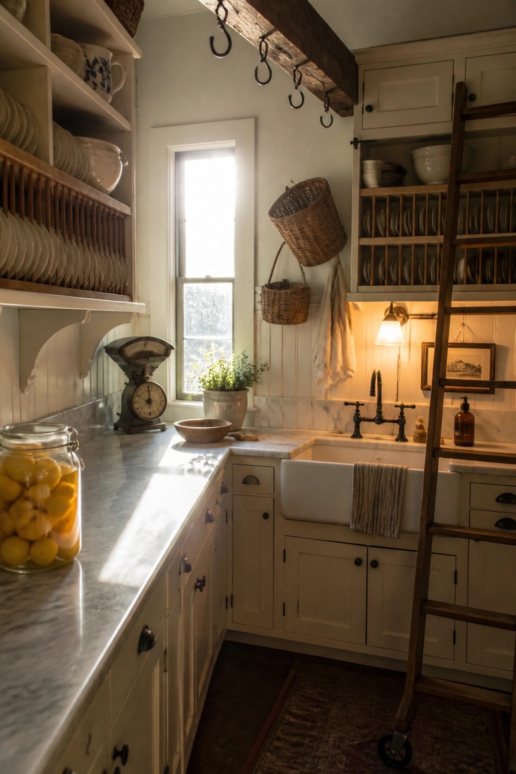 A farmhouse kitchen with off-white painted cabinets, open wood shelving, a marble countertop, and a window above the sink.
