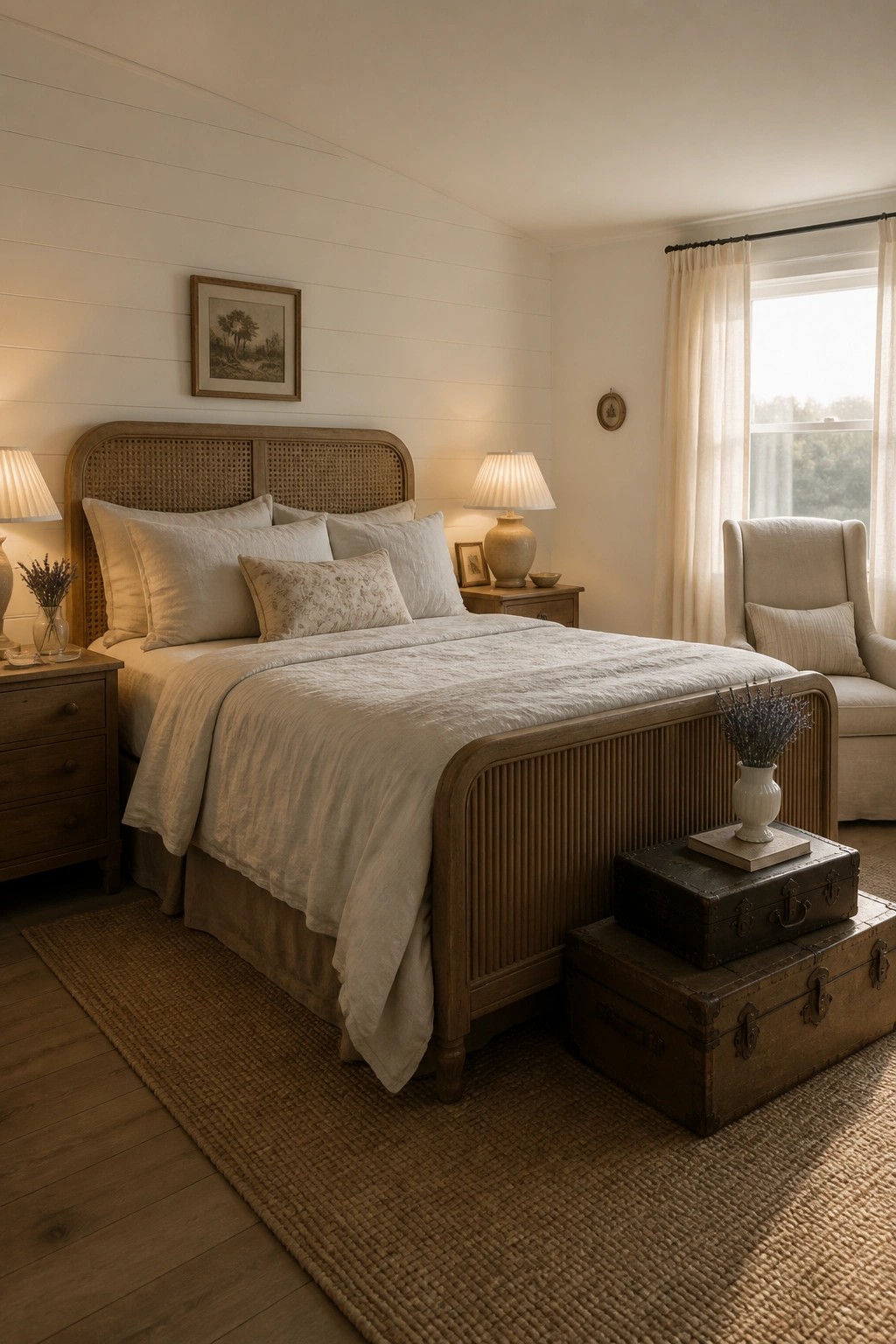 A bedroom with white shiplap walls, a wooden bed with white bedding, two nightstands, and a chair near a window.