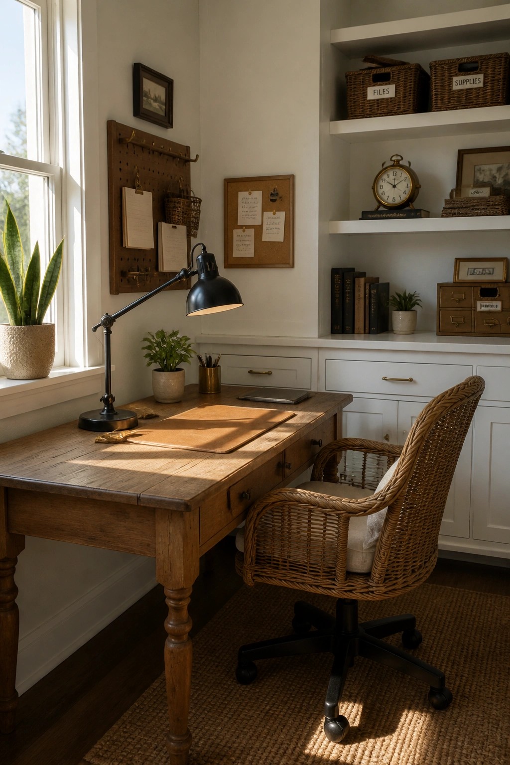 A wooden desk with a black lamp and woven chair sits before white built-in cabinetry and shelves in a home office.