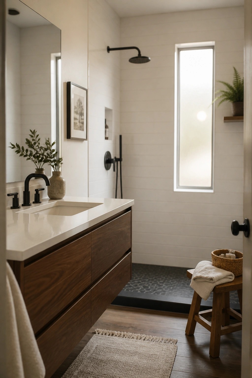 A farmhouse bathroom with white shiplap walls, a floating wood vanity topped with white quartz, black fixtures, and a tall narrow window.