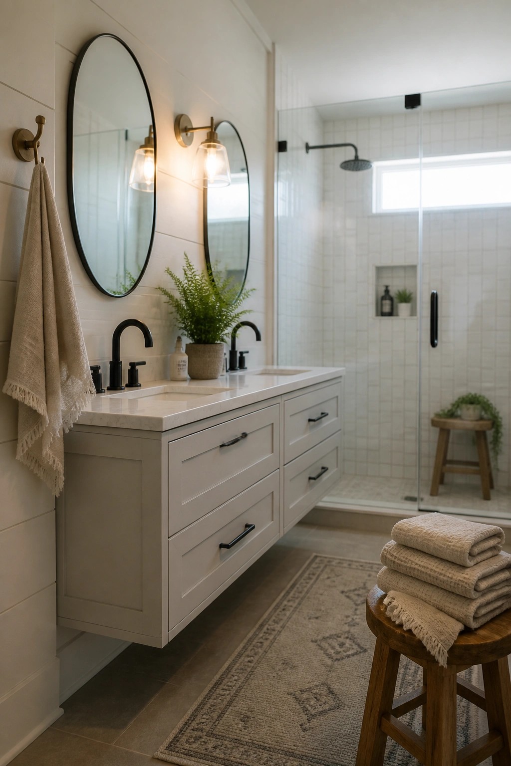 A bathroom with white shiplap walls, a floating white vanity, black faucets, round mirrors, and a glass shower enclosure.