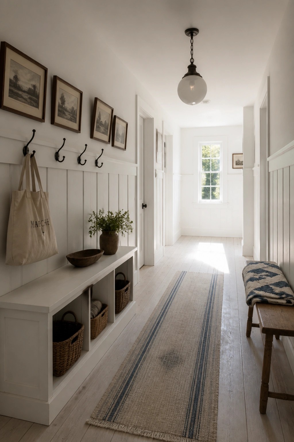 White hallway with wall hooks, storage bench, baskets, striped runner rug, and wooden bench.