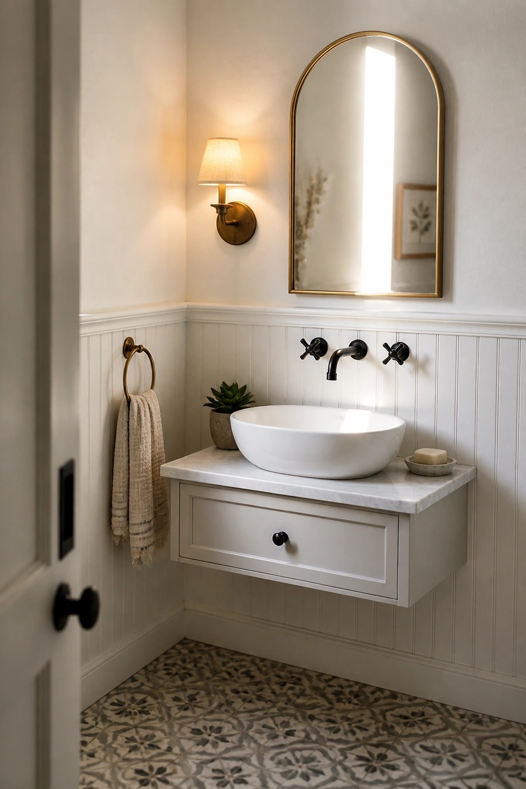 A bathroom with white walls and white beadboard wainscoting, a floating white vanity with a vessel sink, black wall-mounted faucets, and an arched gold mirror above.