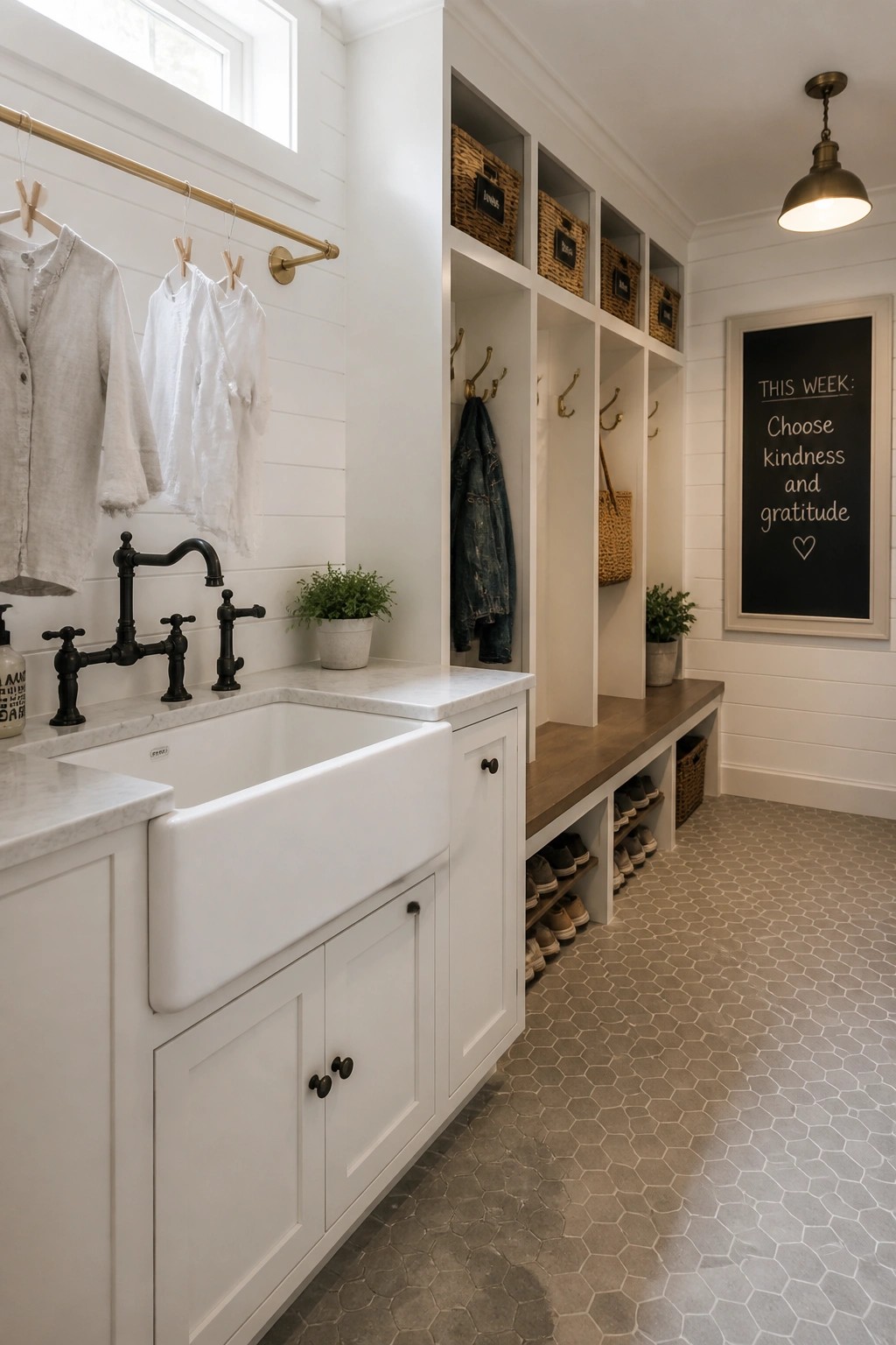 White mudroom with farmhouse sink, hanging clothes, cubbies, bench, and chalkboard sign.
