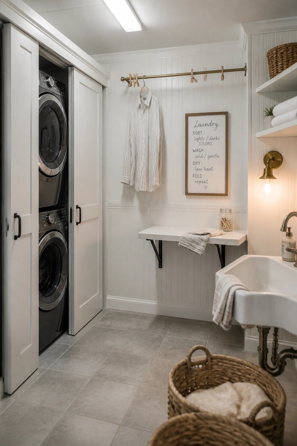 A bright laundry room with white walls and trim, stacked washer and dryer behind open doors, a wall-mounted drying rack with a shirt, a white farmhouse sink, open shelving, and woven baskets on gray tile flooring.