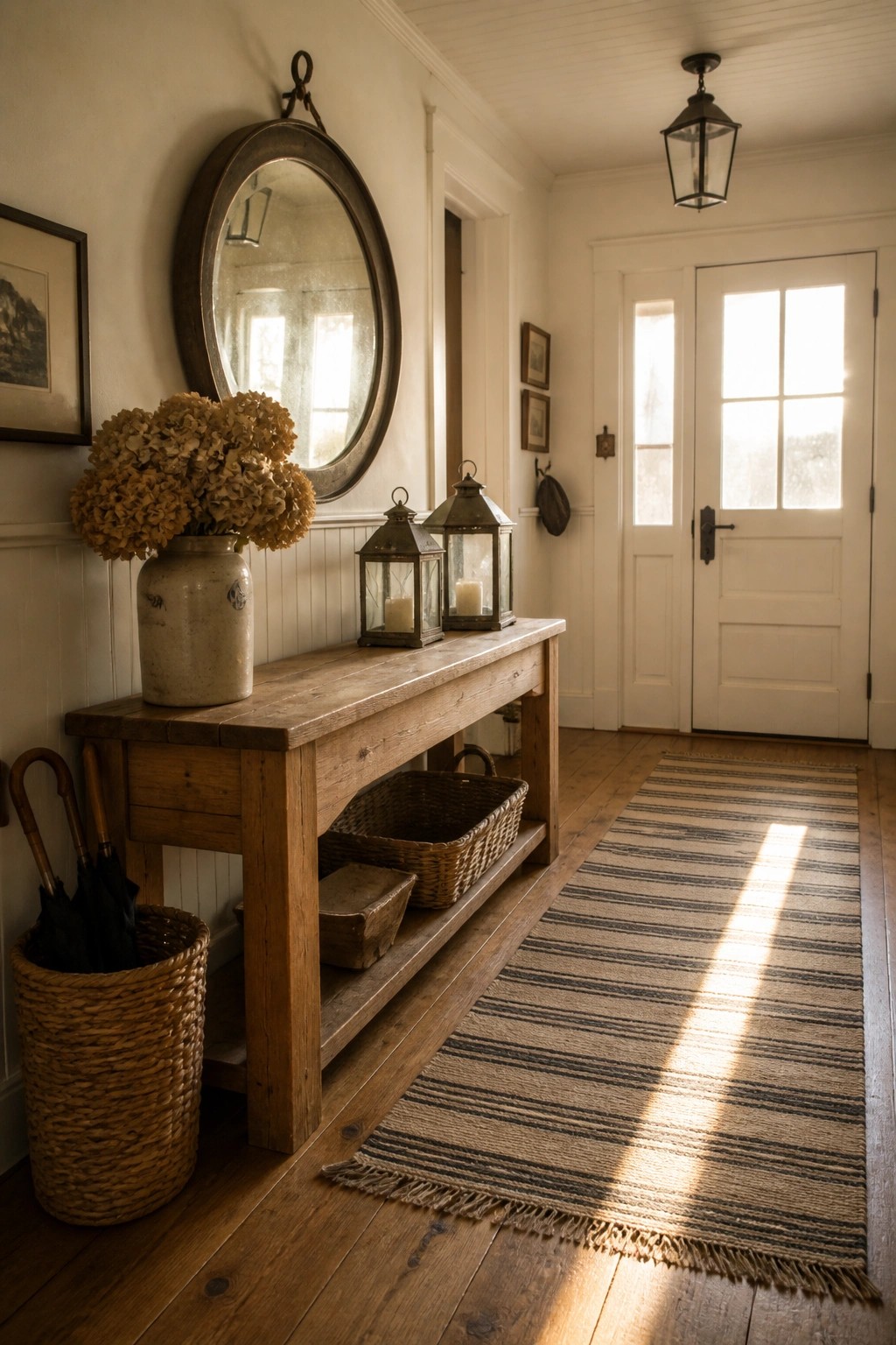 A farmhouse-style interior entry with white walls and beadboard, a wooden console table, round mirror, woven baskets, lanterns, and a striped rug on wood flooring.