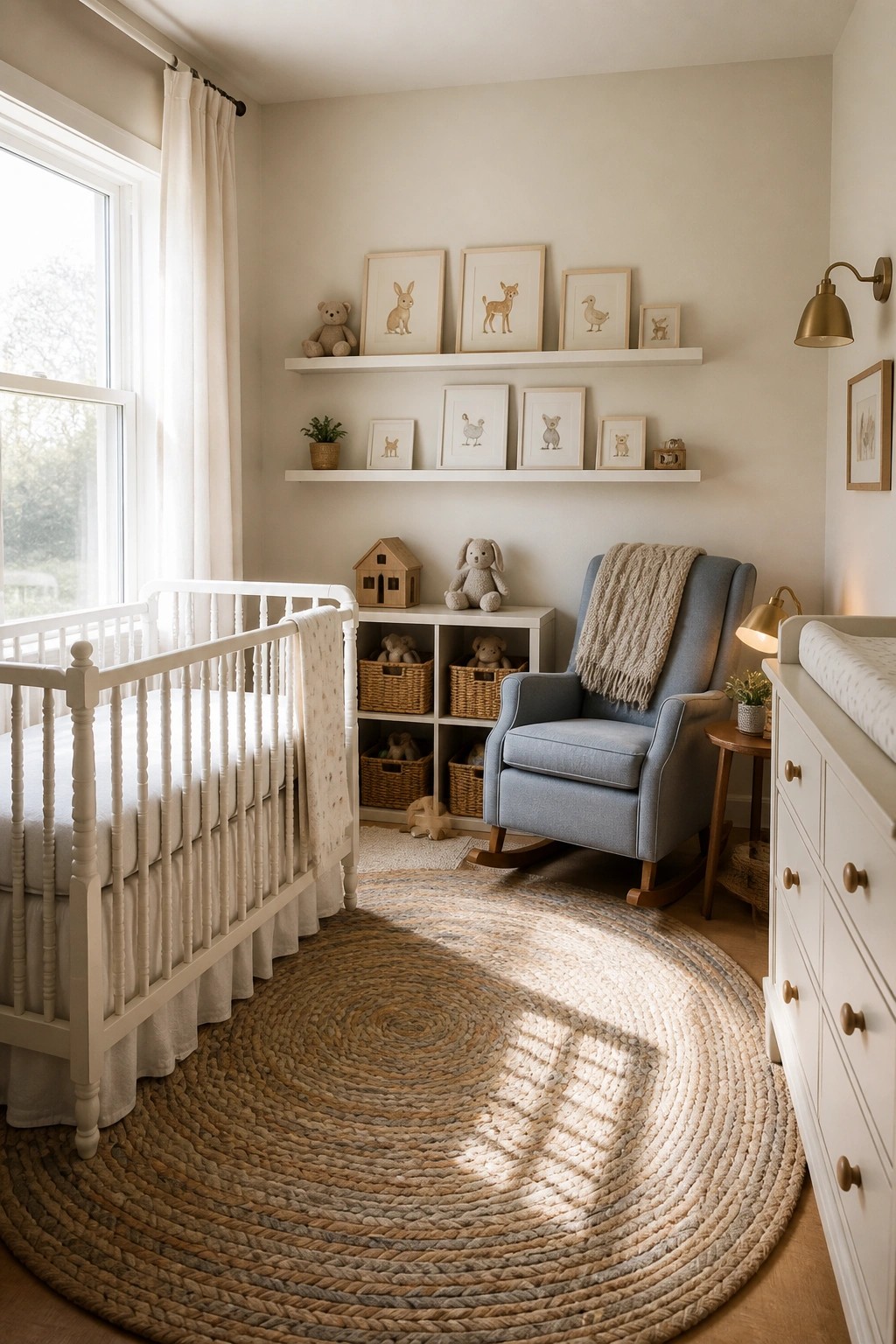 A bright nursery with white walls, a white crib, blue rocking chair, woven circular rug, and two white floating shelves holding framed prints and small toys.