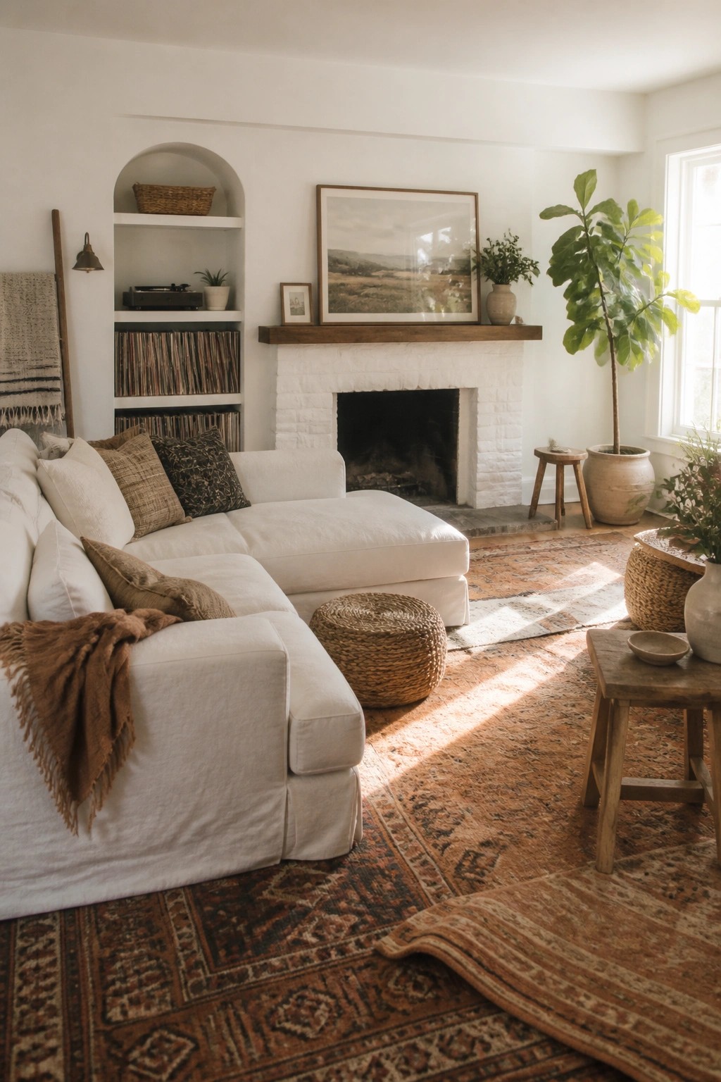 A living room with a white sectional sofa, white brick fireplace, built-in shelves with records, and layered rugs on a wood floor.
