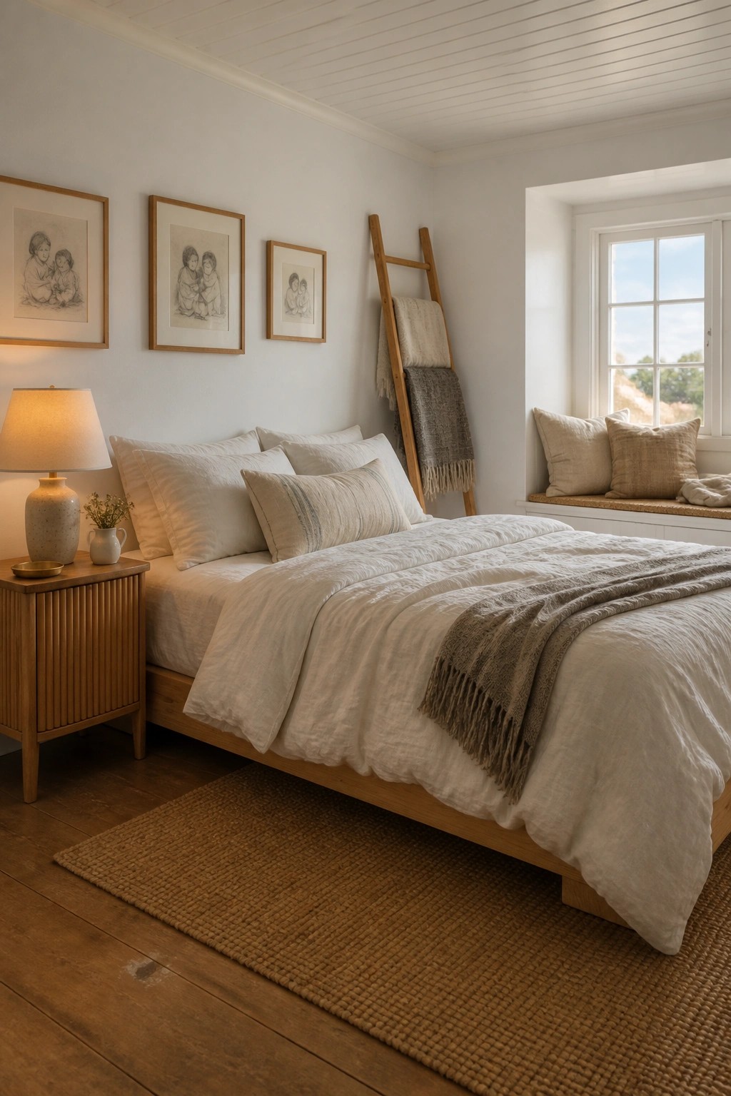 A bright bedroom with white walls, a wooden bed frame with white linens, a wooden nightstand, and three framed sketches above the bed.