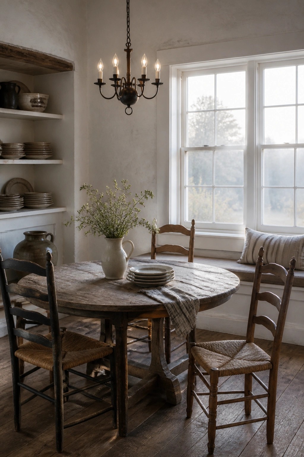 A rustic dining room with white walls, a round wooden table, woven seat chairs, open shelving with stacked dishes, and a black chandelier near large windows.