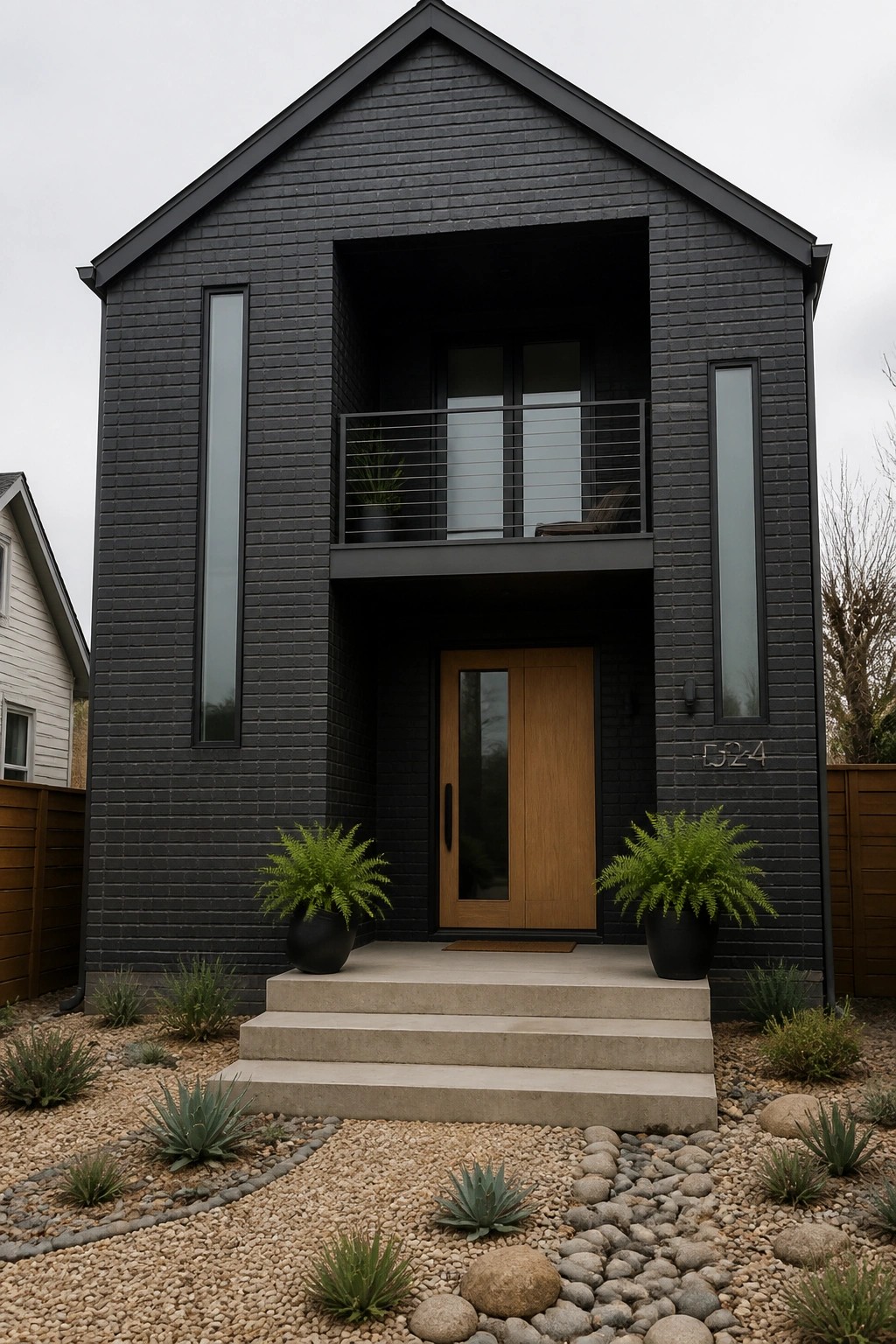Modern black house with wooden door, balcony, tall windows, and potted ferns.