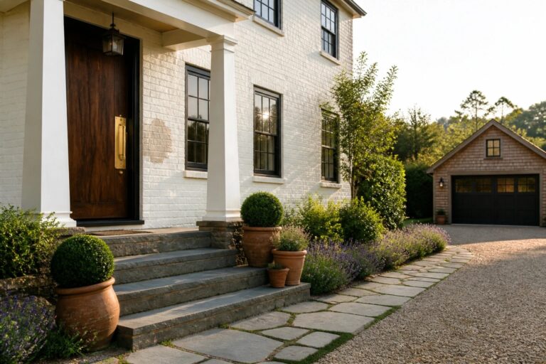 White brick house with porch columns, stone steps, potted plants, and lavender path