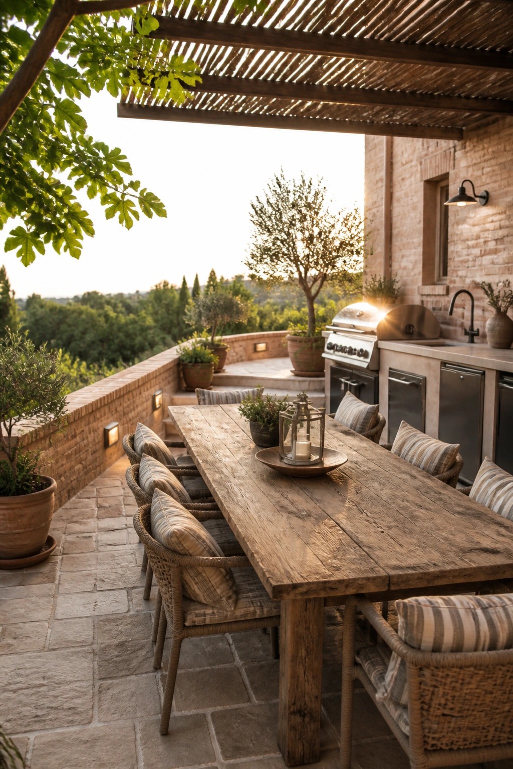 A long wooden dining table with woven chairs sits on a stone patio beside a brick outdoor kitchen with a built-in grill.