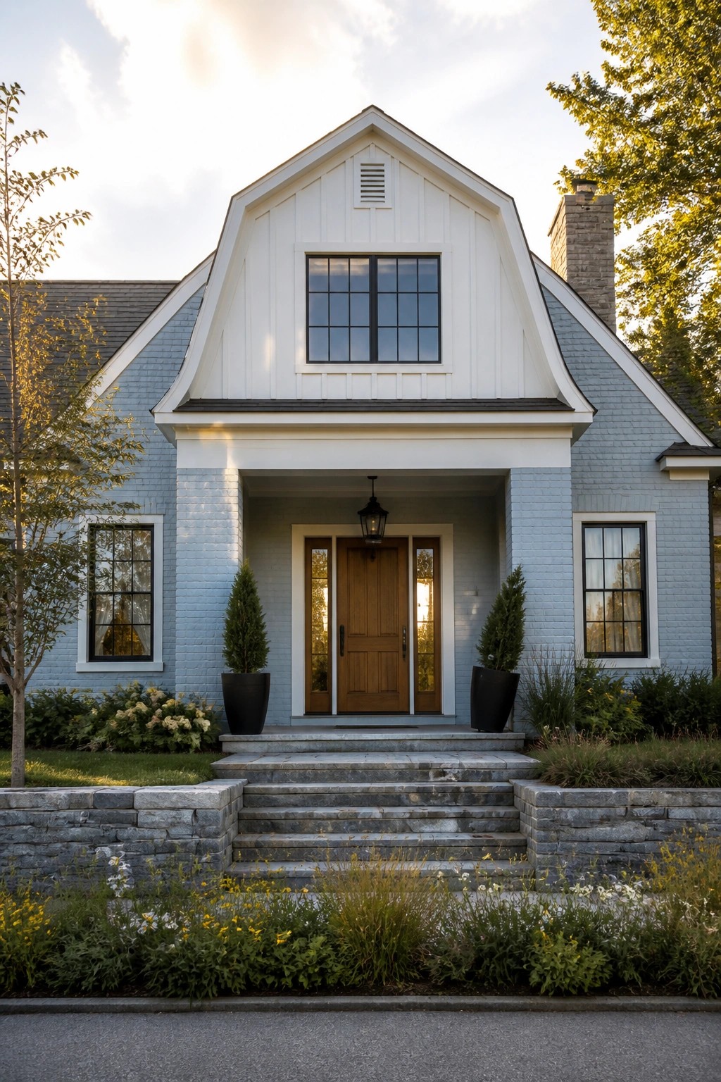 A front view of a two-story farmhouse with light blue painted brick walls, white trim around a large central gable, a wooden front door with sidelights, black-framed windows, and stone steps flanked by potted shrubs.