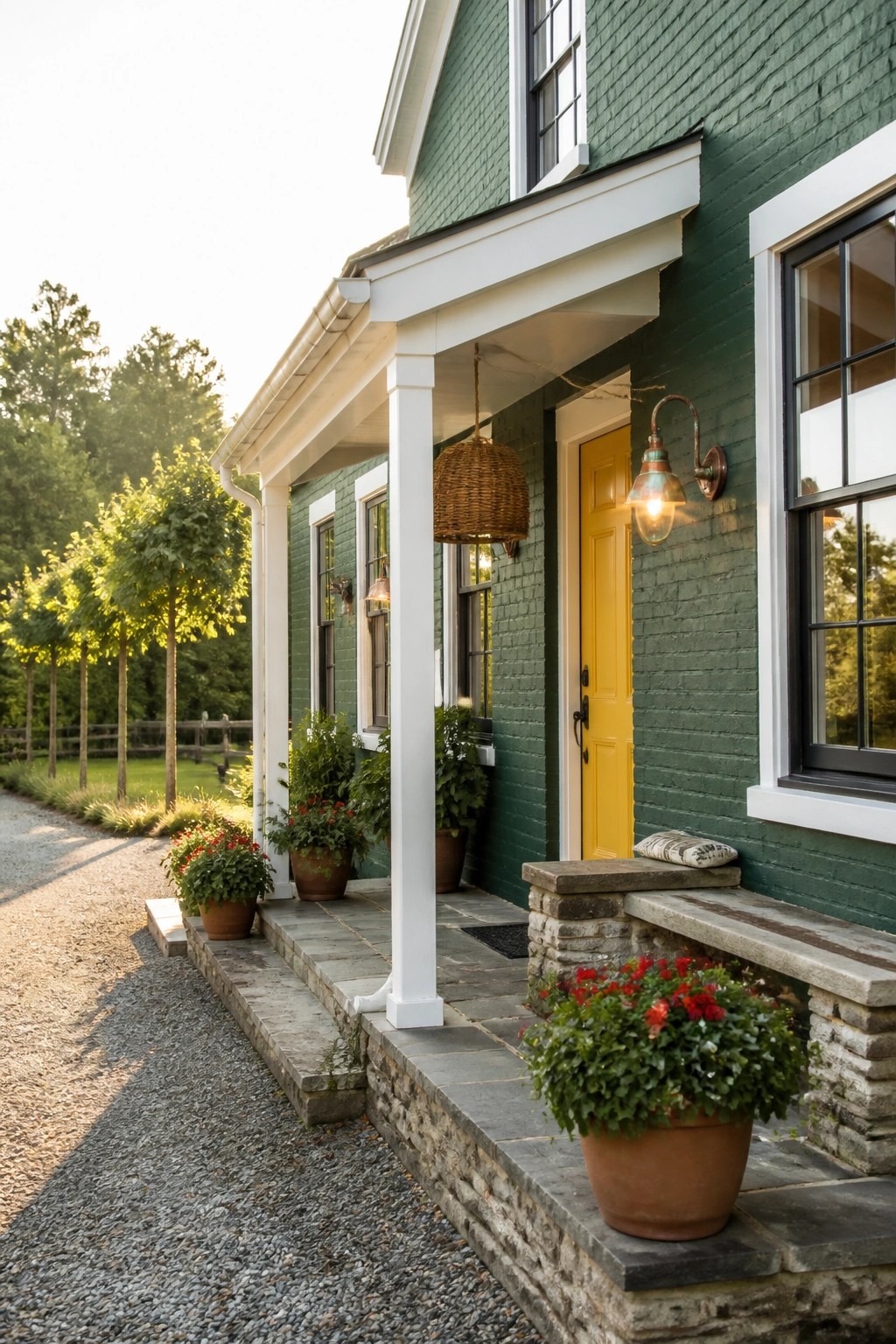 A green painted brick farmhouse exterior with a yellow front door, white porch columns, and stone steps lined with potted plants.