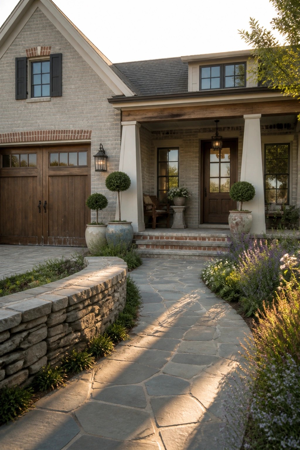 Front view of a two-story farmhouse with gray painted brick, wooden garage doors, a covered porch with white columns, and a stone pathway.