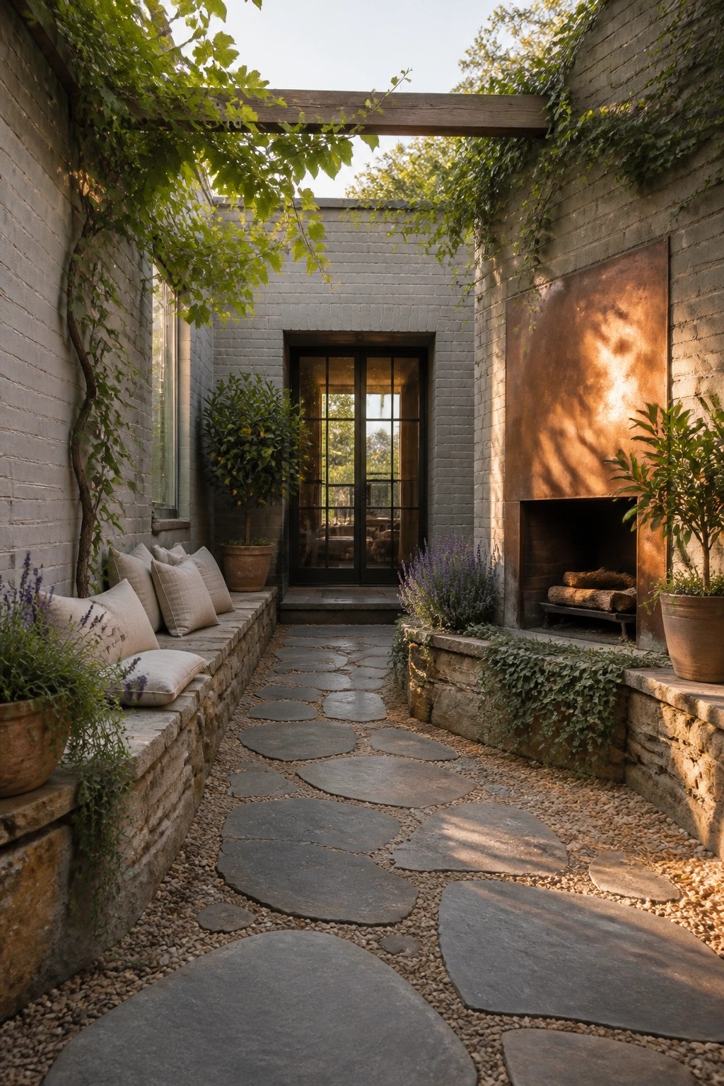 Stone pathway winds through vine-covered brick courtyard with fireplace and bench.