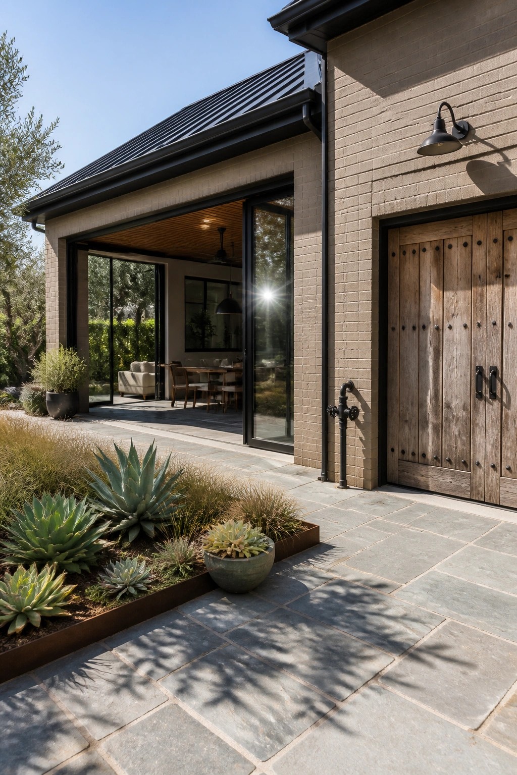 Exterior of a painted brick house showing large wooden double doors with black hardware next to an open glass doorway and a stone patio with succulents.
