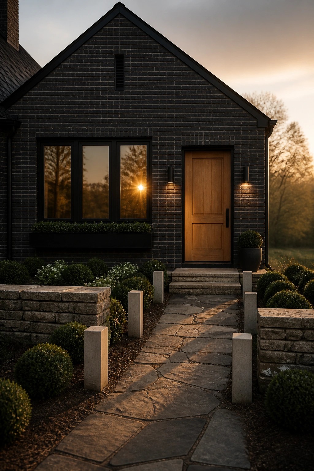 A dark painted brick house exterior with a wooden front door, black window frames, stone pathway, and concrete bollards at dusk.