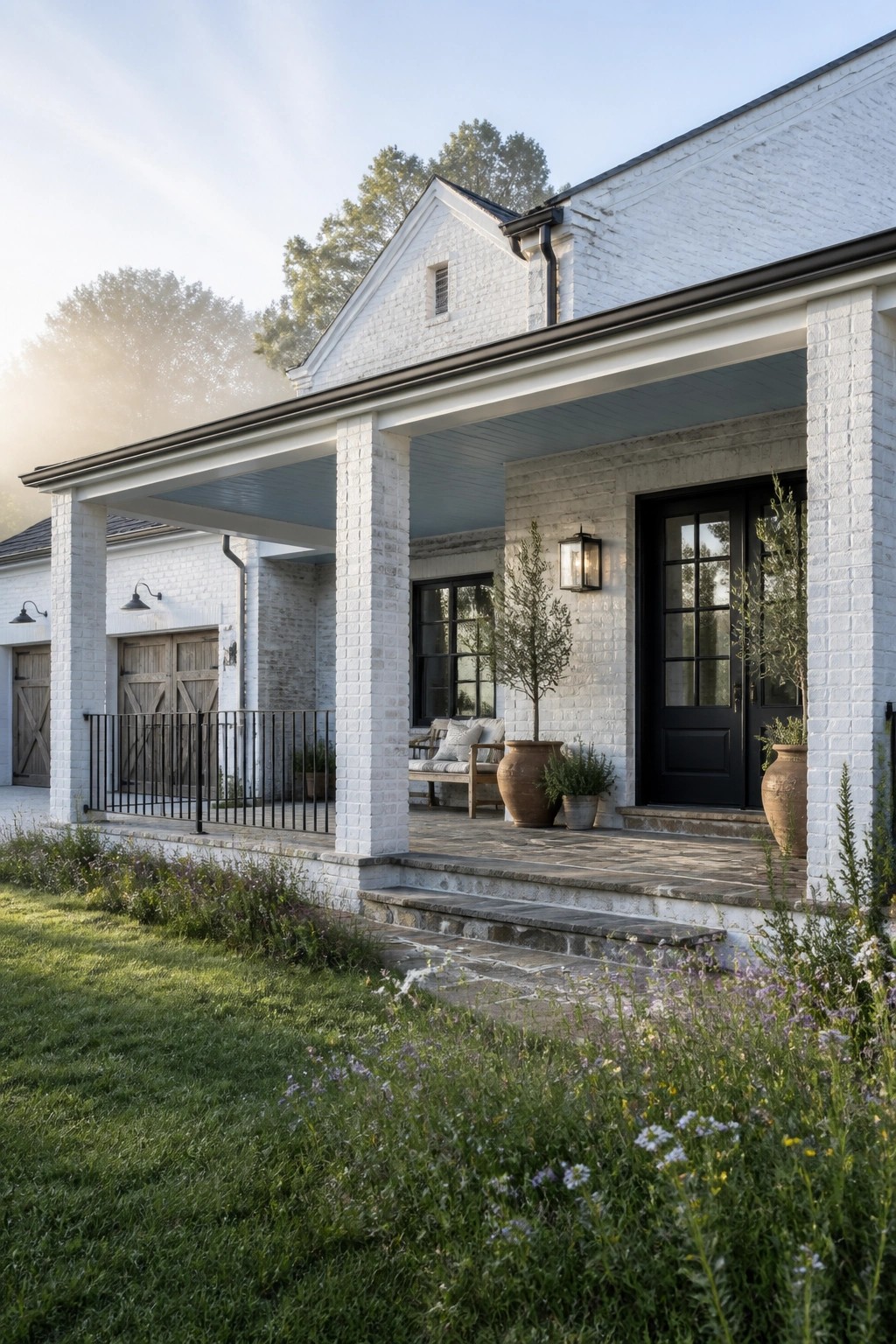 White brick farmhouse porch with black door, stone steps, and wildflower garden