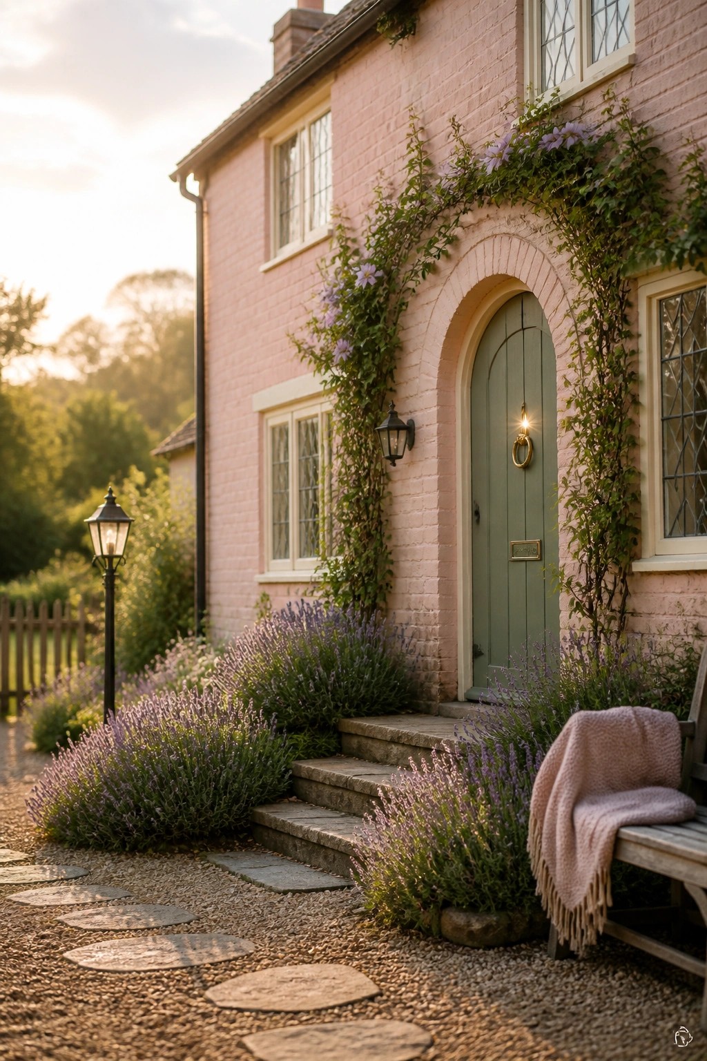 A pink painted brick house exterior with a green arched door, climbing vines with purple flowers, lavender bushes, stone steps, and a gravel path with stepping stones.