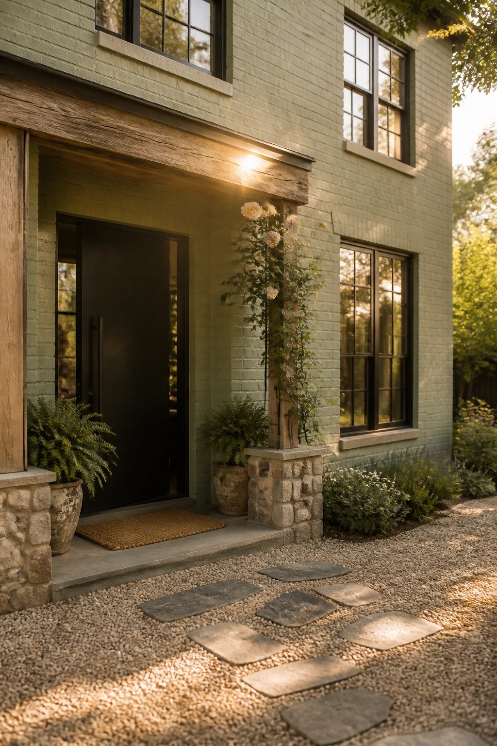 Light green brick house entrance with black door, climbing roses, and stone path