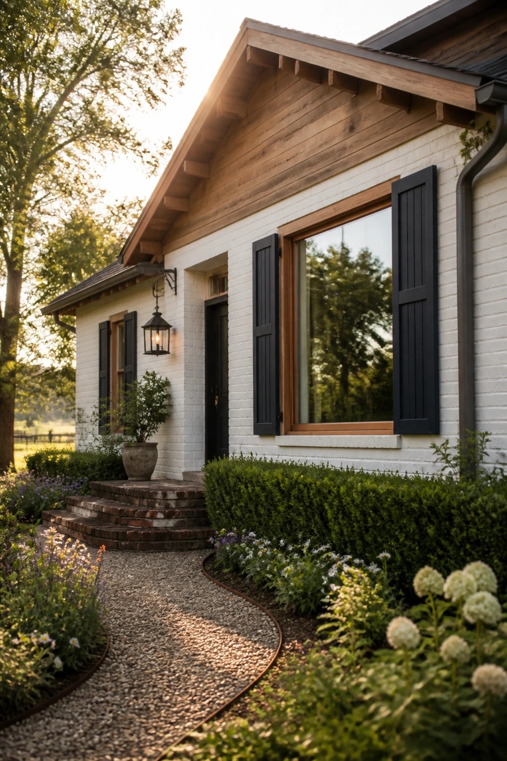 A white painted brick farmhouse with black shutters, wood window trim, and a gravel path leading to brick steps.