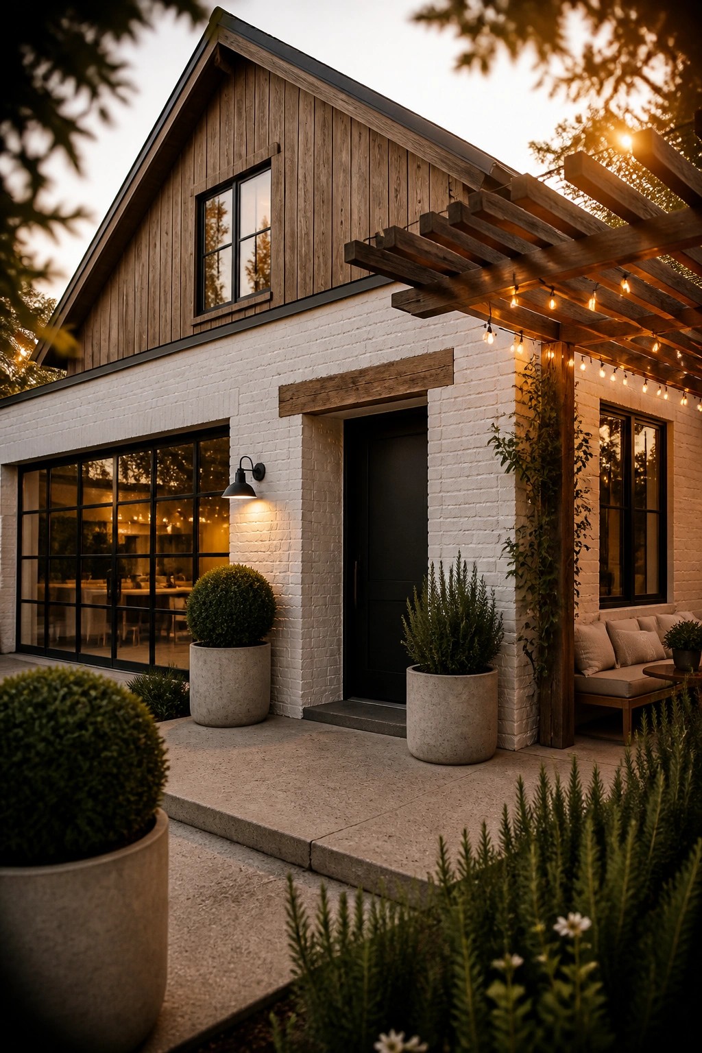 Front view of a two-story house with white painted brick lower walls, wood siding on the gable, a black door, black-framed windows, and a wooden pergola with string lights.